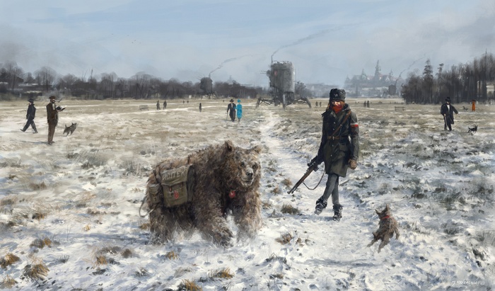 Woman with rifle and bear in a snowy field