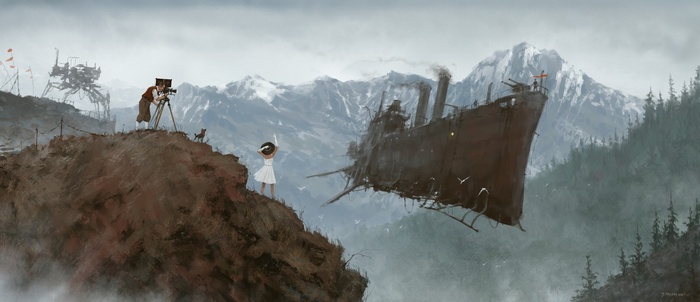 A surreal landscape with a flying ship and a photographer