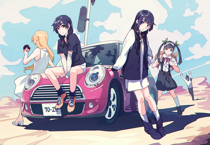 Anime girls with a pink car in a desert landscape