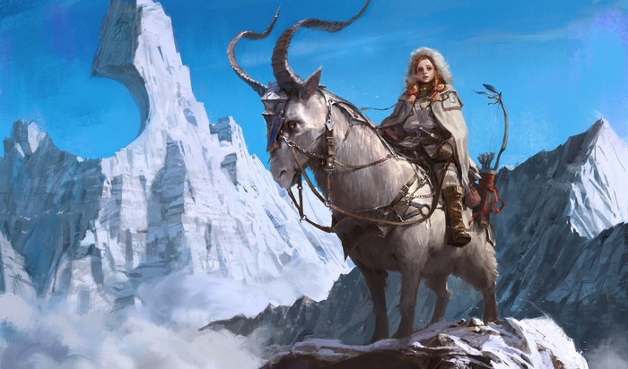 Fantasy girl riding a horned creature in snowy mountains