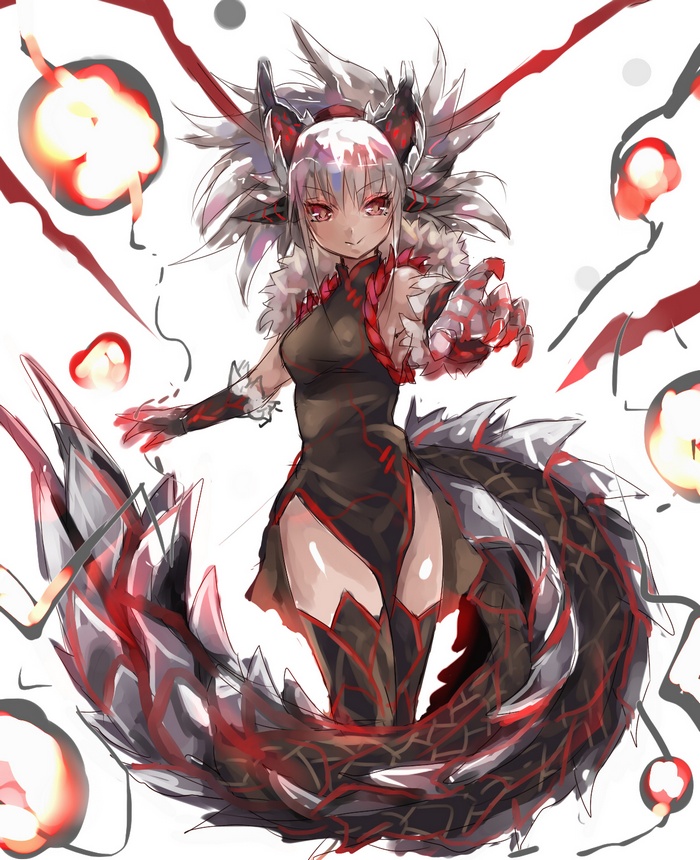 Anime girl with white hair and red eyes, dragon tail