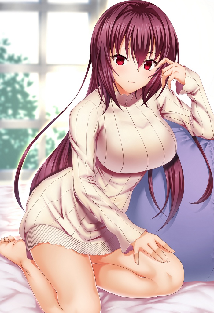 red eyes, Scathach ( FateGrand Order ), FateGrand Order, sweater, redhead, white  background