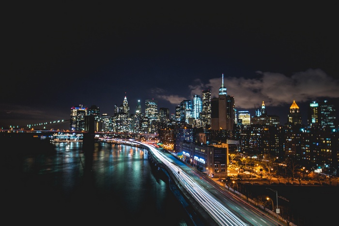 Brooklyn Bridge, New York City, city, clouds, road, car, One World Trade Center, night, lights
