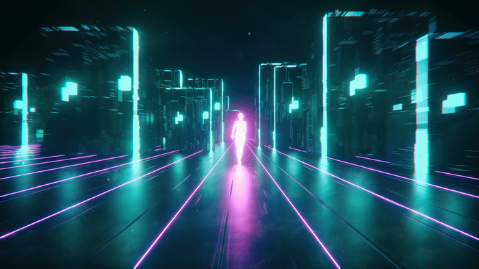 Neon cyberpunk city with glowing figure