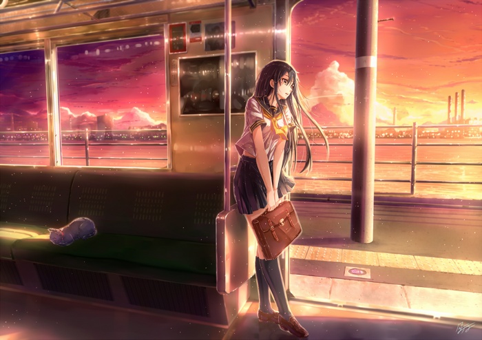 Anime schoolgirl on a train with a cat at sunset