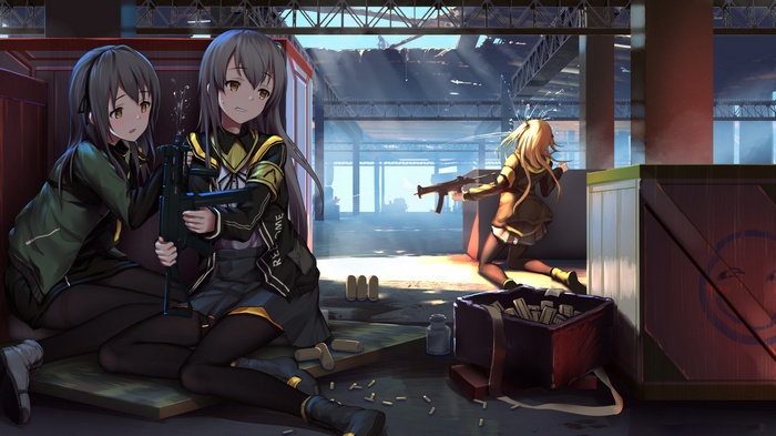 Girls with guns in a warehouse