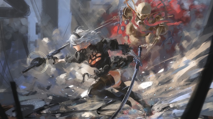 2B, artwork, machine, 2B (Nier: Automata), thigh-highs, thighs, NieR, Nier: Automata, digital art, cleavage, white hair, women, katana, video games