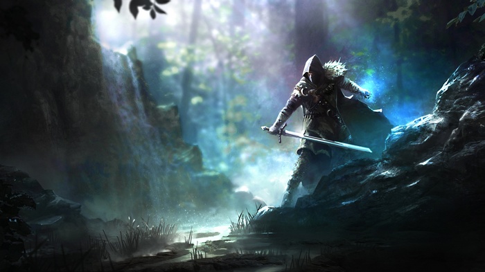 Fantasy warrior with sword and magic in a forest
