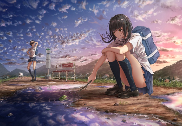 Anime girls at a bus stop with a frog