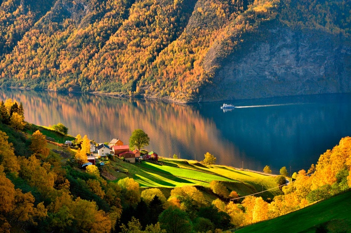 forest, water, Norway, shadow, house, lake, trees, nature, landscape, field, reflection, ship, hills, fall, sunlight