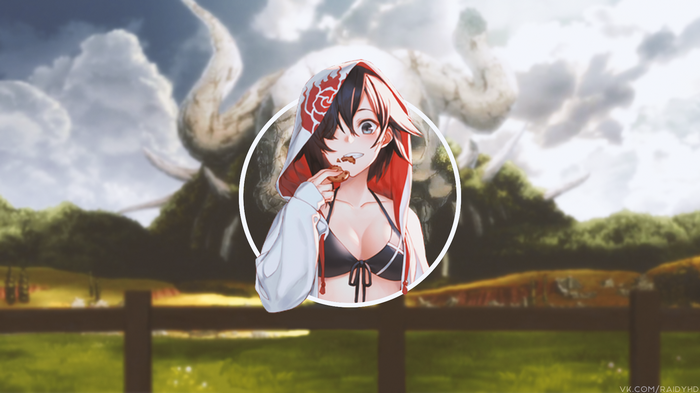 Anime girl eating cookie in front of giant creature