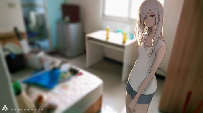 Anime girl with white hair in a room