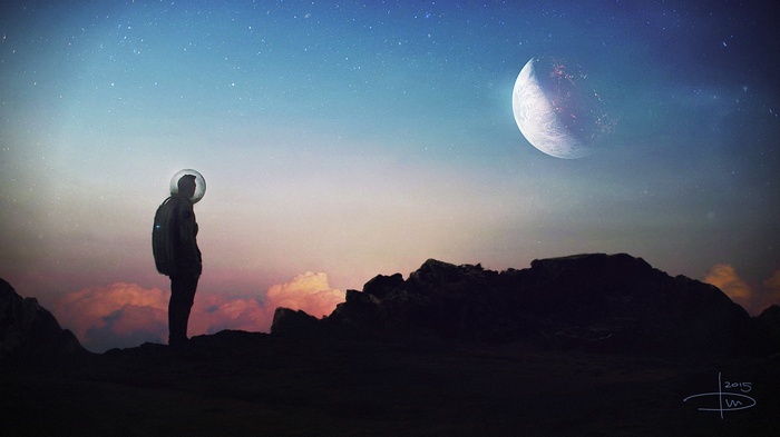 Astronaut on a rocky planet looking at a large moon