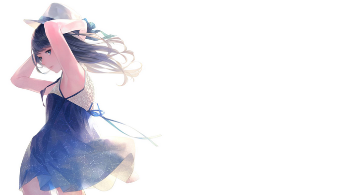 Anime girl in a blue dress and hat