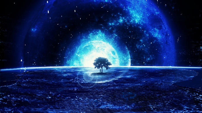 A lone tree on a planet with a large blue moon