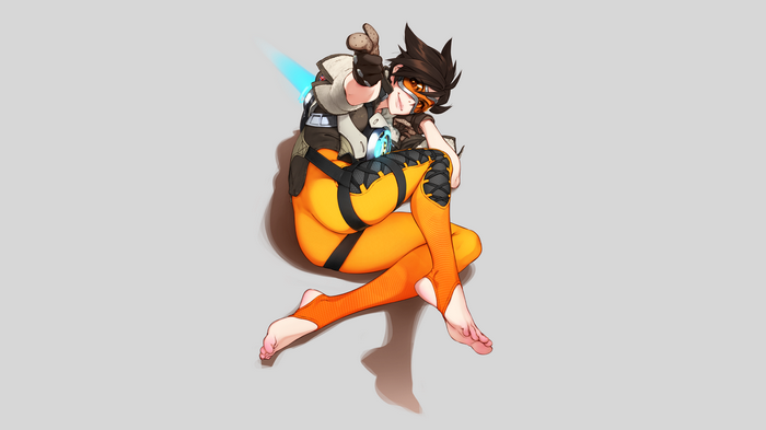 barefoot, Overwatch, tight clothing, Tracer (Overwatch), women, video games, brunette, artwork, digital art