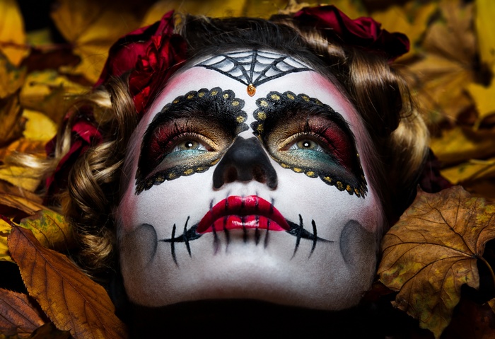 women, Dia de los Muertos, face, model, makeup, leaves, Sugar Skull
