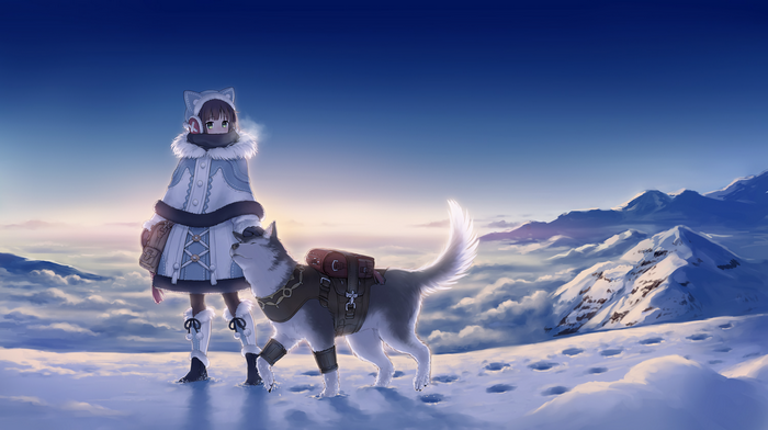 Anime girl with dog in snowy mountains at sunrise