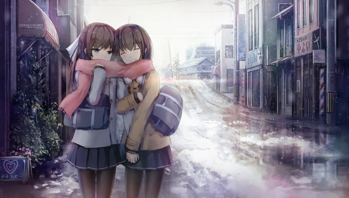 Two anime schoolgirls sharing a scarf in a snowy cityscape