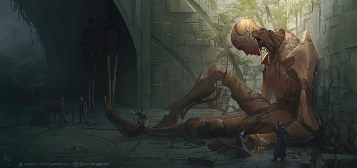 Giant dormant robot in overgrown ruins with small figures