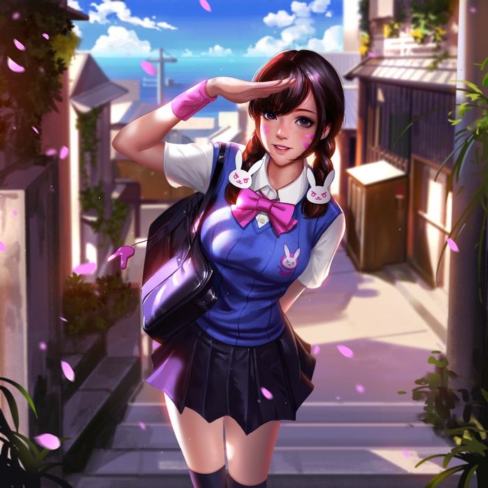 Korean, D.Va (Overwatch), digital art, thighs, Overwatch, knee-highs, thigh-highs, artwork, schoolgirl, video games, miniskirt, Liang-Xing
