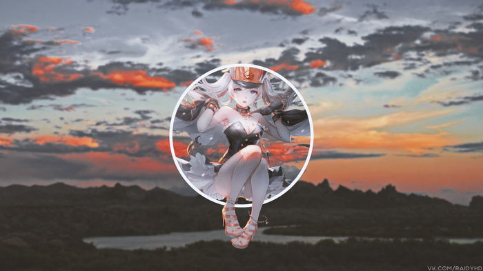 Anime girl in a circle against a sunset sky and mountains