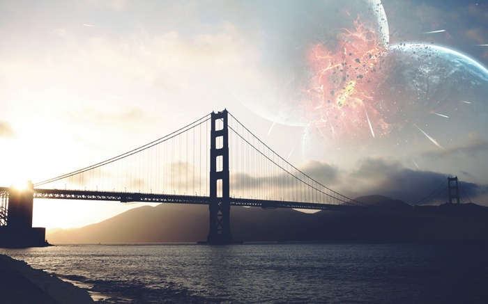 Golden Gate Bridge with exploding planets in the sky