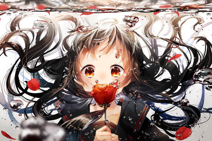orange eyes, flowers, flower petals, looking at viewer, original characters, underwater, school uniform, petals, shirt, covering mouth, bangs, anime girls, long hair, red petals, anime, blushing, black hair