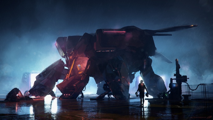 Futuristic mech on a rainy airstrip