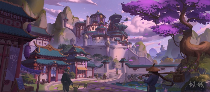 Traditional Chinese village with mountains and purple trees