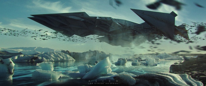 Futuristic alien ship over icy landscape