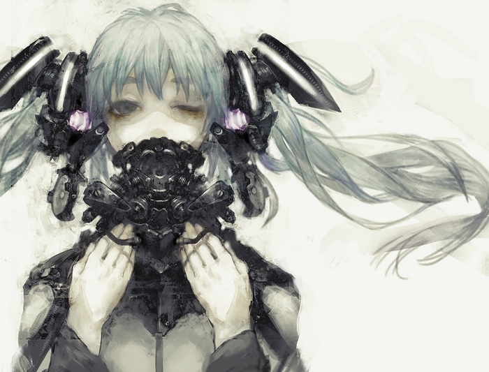 Hatsune Miku with gas mask and headphones