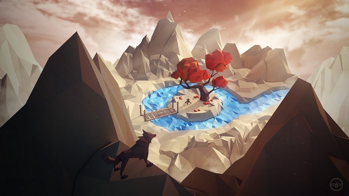 Low poly landscape with wolf and tree by Jonathan Lam