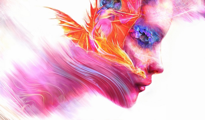 Profile of a woman with a dragon and colorful abstract elements