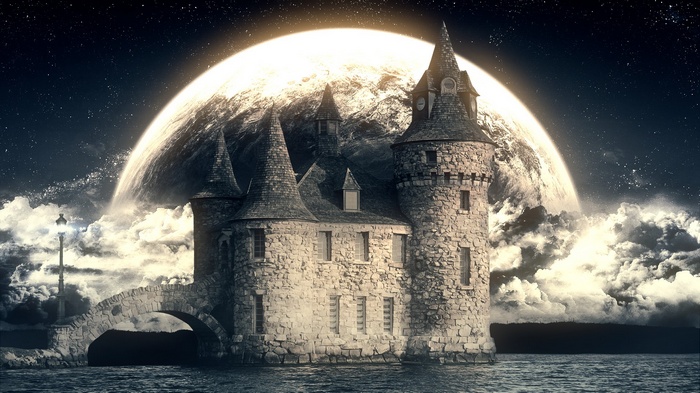 Castle on the water with a large moon in the sky