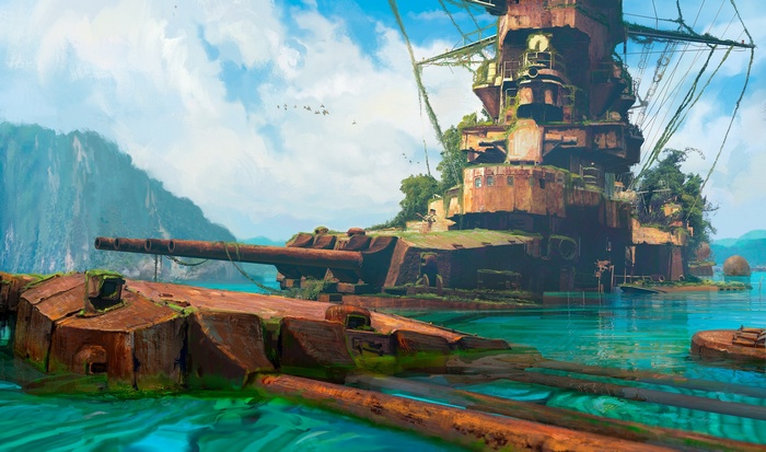 Ruined Battleship Wreck in Tropical Water