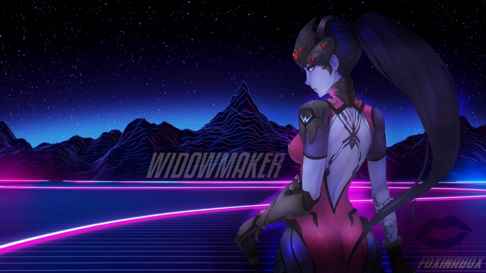 Widowmaker from Overwatch in a retro-futuristic landscape