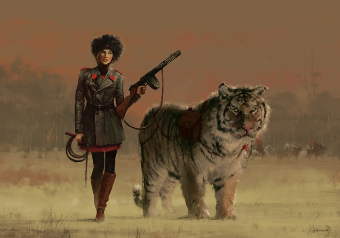 Woman with PPSh-41 and tiger in winter landscape