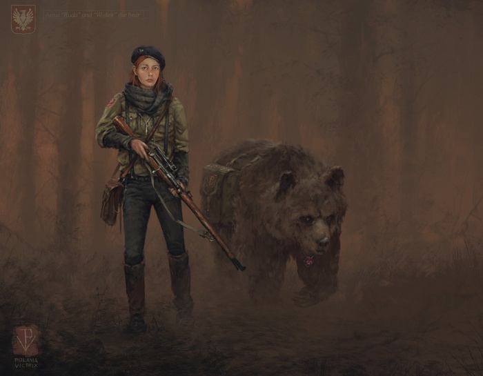 Anna "Ruda" and Wojtek the bear with a rifle