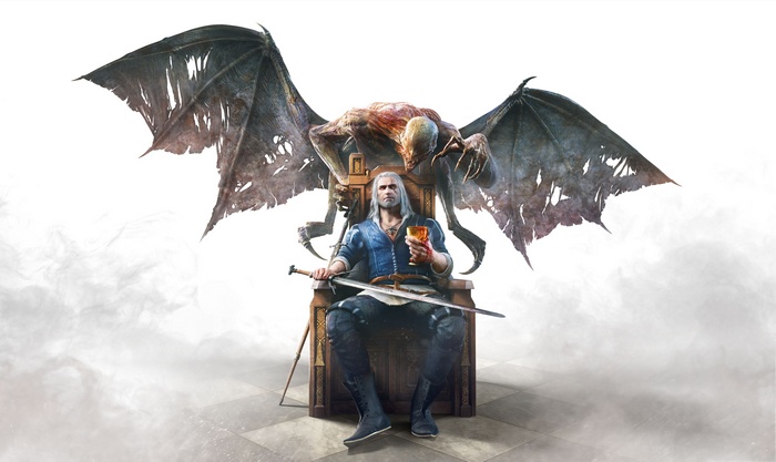 Geralt of Rivia from The Witcher 3: Blood and Wine on a throne with a monster