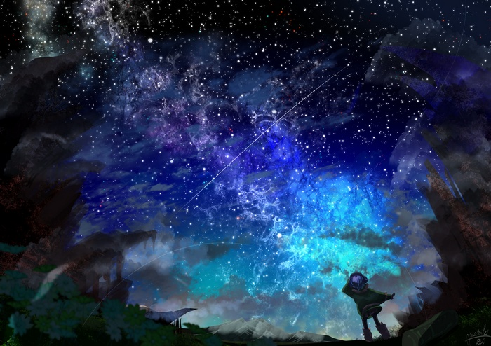 Person looking at a starry night sky with a nebula