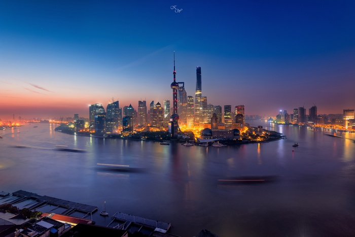 Shanghai skyline at dusk with Oriental Pearl Tower