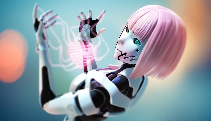 Pink-haired android interacting with digital interface