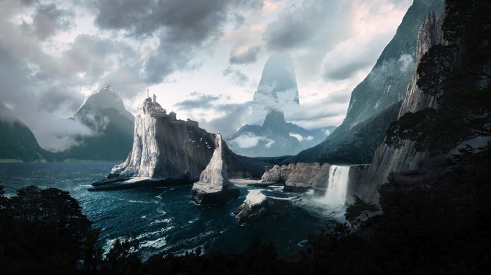 Fantasy castle on a cliff overlooking the sea with waterfalls