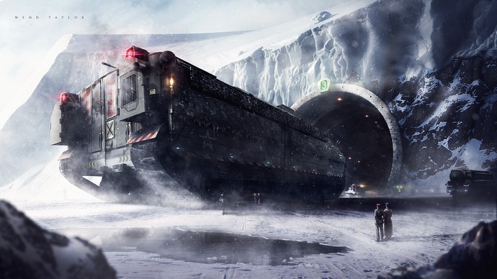 Futuristic vehicle entering a tunnel in a snowy landscape
