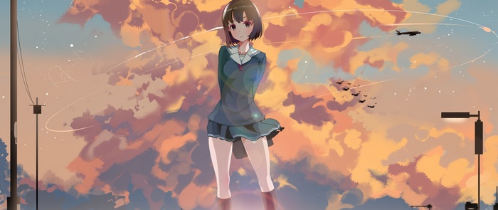 Katou Megumi from Saenai Heroine no Sodatekata standing against a sunset sky