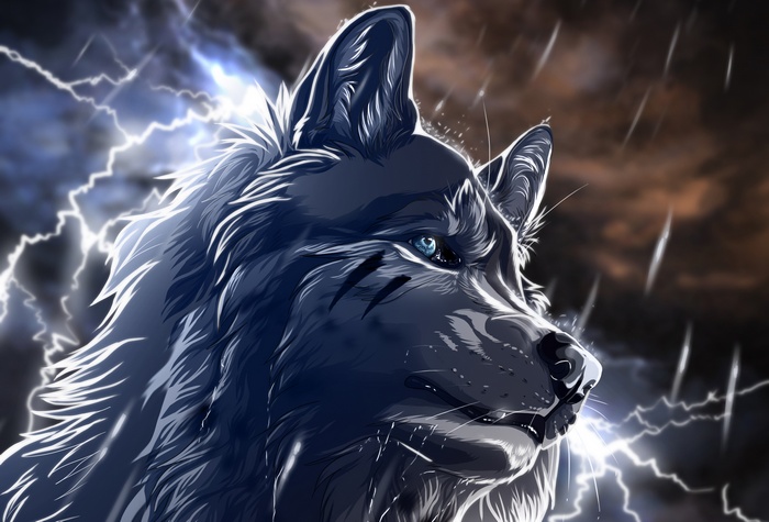 Anime wolf in a thunderstorm