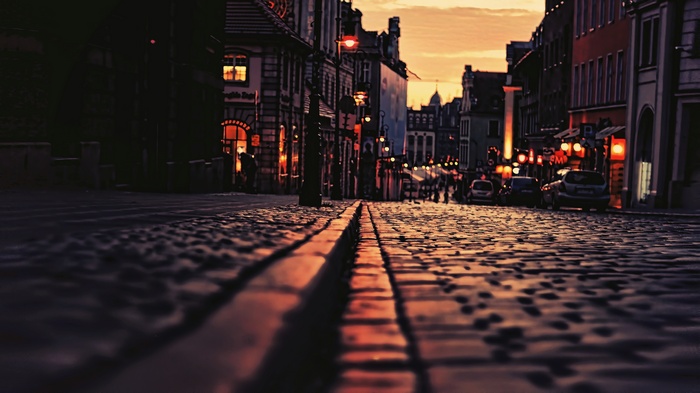 Street view of Poznan, Poland at sunset