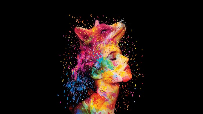 Woman with fox mask, colorful abstract art