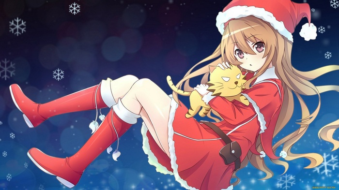 Aisaka Taiga from Toradora! in a Santa costume with a cat